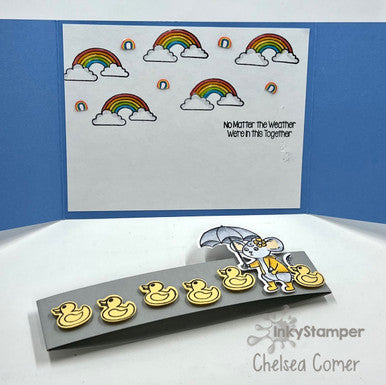 gate fold card opened by removing band using Rainy Day stamp set by InkyStamper