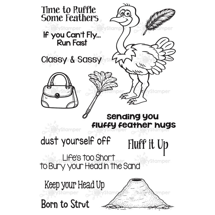 Cartoon ostrich with humorous text and objects on a white background stamp