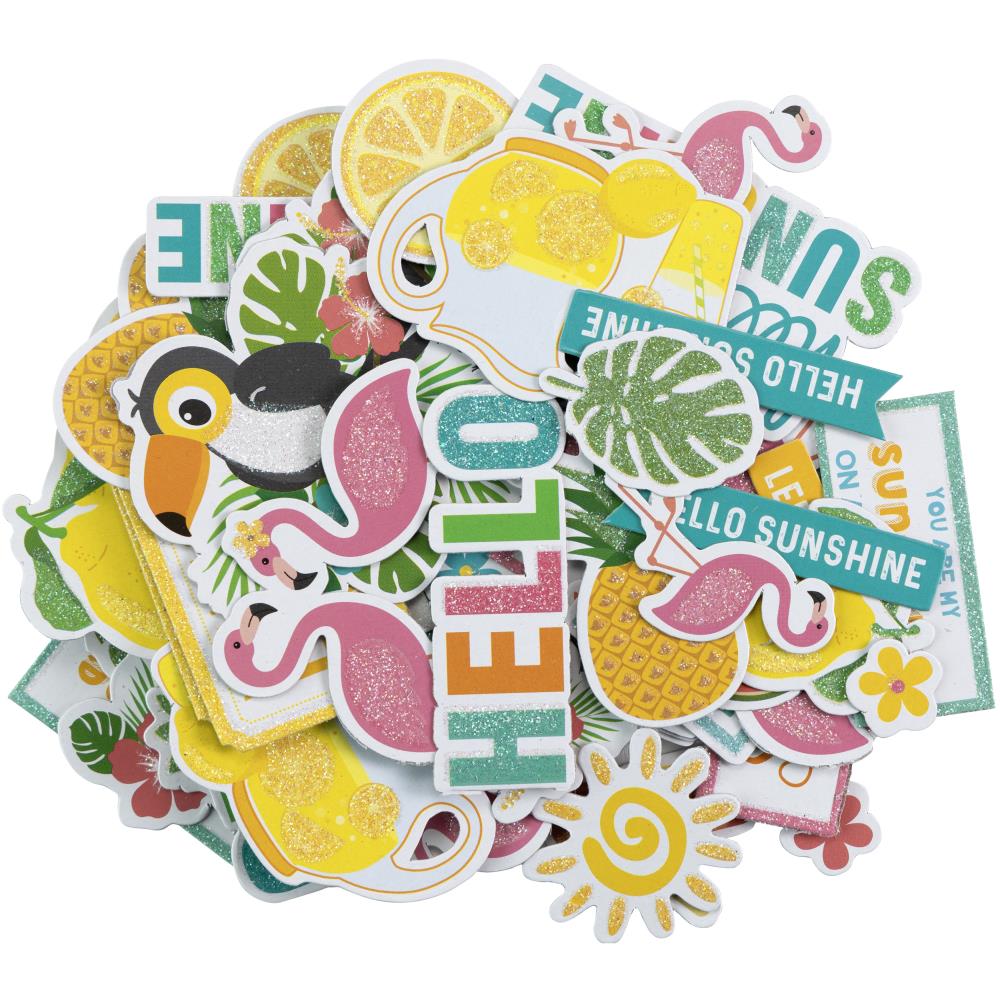 Collection of colorful stickers with tropical designs on a white background
