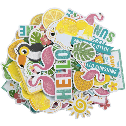 Collection of colorful stickers with tropical designs on a white background