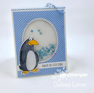 Fun shaker card using Penguin stamps by InkyStamper