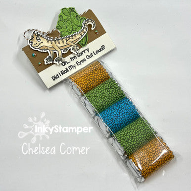 southwest iguana treats using  Scallop Candy Wrapper die by InkyStamper