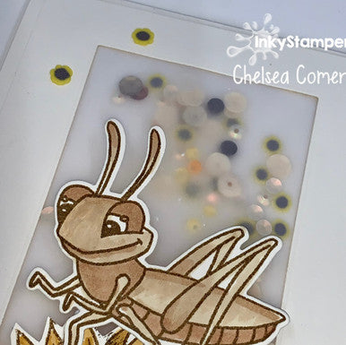 fun shaker card using Grasshopper stamp set by InkyStamper