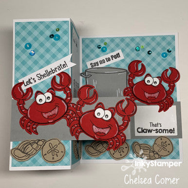 Z fold card opened using Crab stamp set by InkyStamper