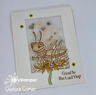 vellum shaker card using Grasshopper stamp set by InkyStamper