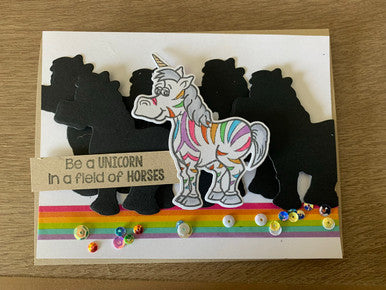 fun unicorn card using Horse stamps by InkyStamper