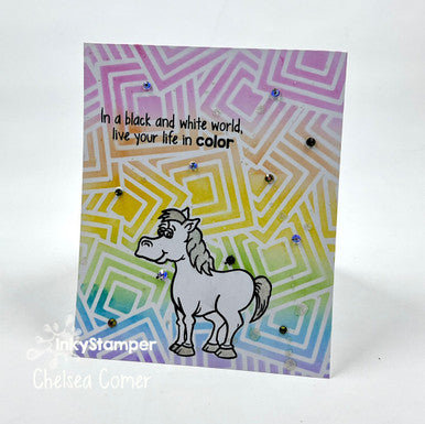 colorful unicorn card using Horse stamps by InkyStamper