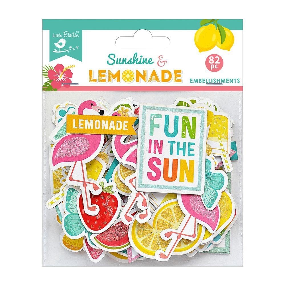 Sunshine & Lemonade embellishments ephemera with colorful stickers on a white background.  Manufactured by Little Birdie