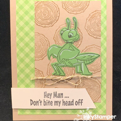 fun interactive "head popping" card  using Praying Mantis stamps by InkyStamper