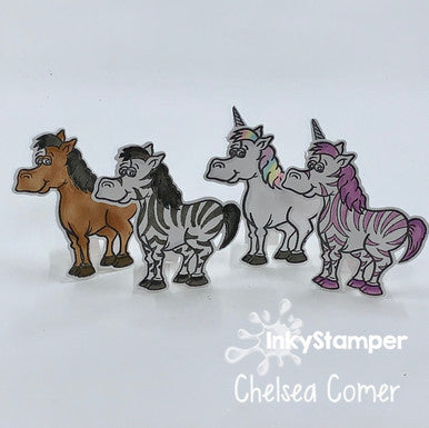 Horses, Zebras, and Unicorns all using Horse stamps by InkyStamper