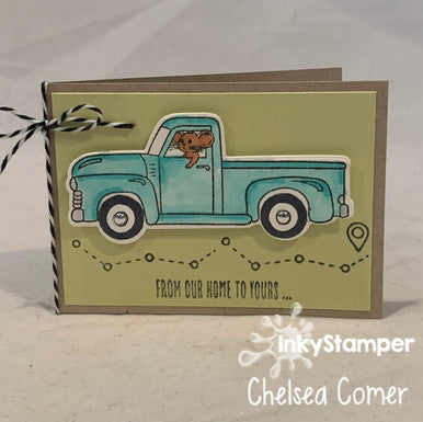 mini card using Vintage Truck stamps by InkyStamper
