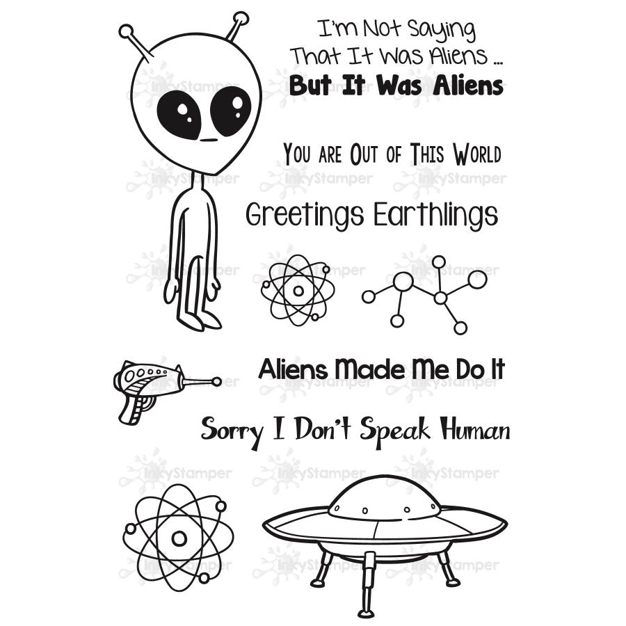 InkyStamper Stamp Set of black and white illustrations with alien themed phrases and symbols on a white background.
