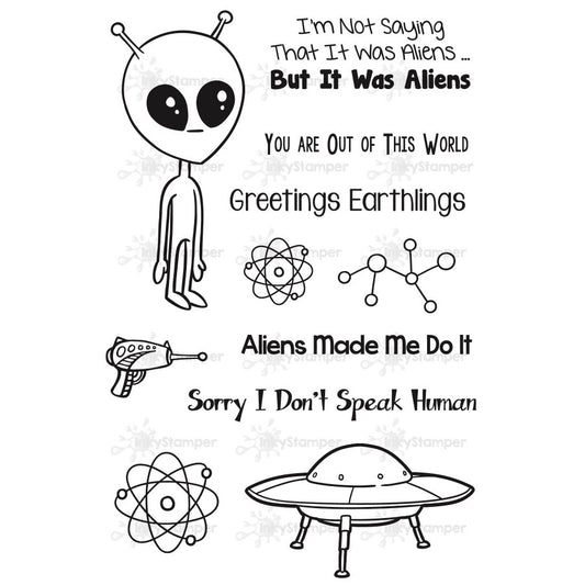 InkyStamper Stamp Set of black and white illustrations with alien themed phrases and symbols on a white background.