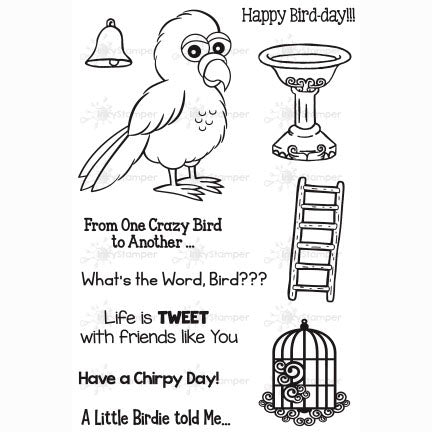 InkyStamper stamp Black and white illustration of a parrot with bird themed text and objects on a white background.