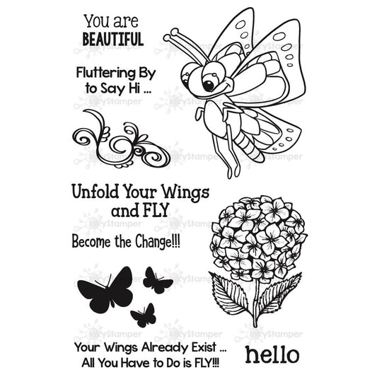 Inky Stamper stamp set black and white butterfly-themed stamps with motivational phrases on a white background