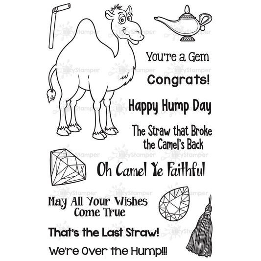 Inkystamper Stamp Cartoon camel with humorous text and objects on a white background
