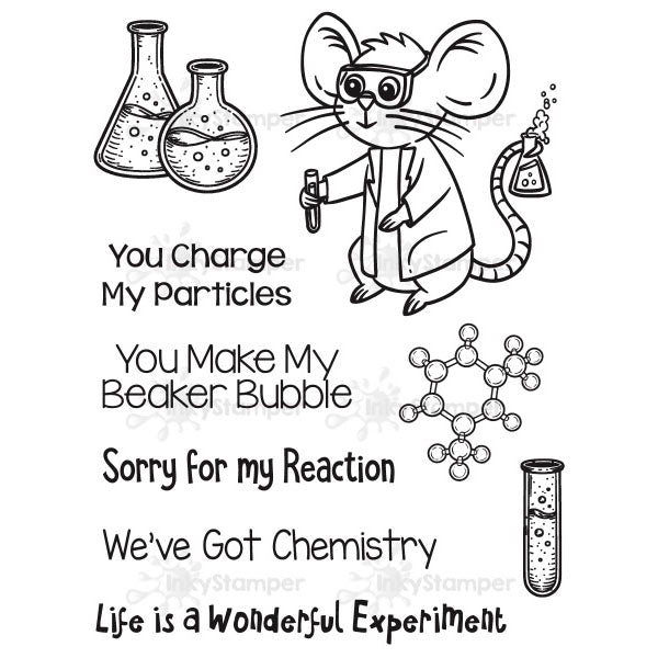 Illustration of a mouse in a lab coat with chemistry-themed text and graphics on a white background.