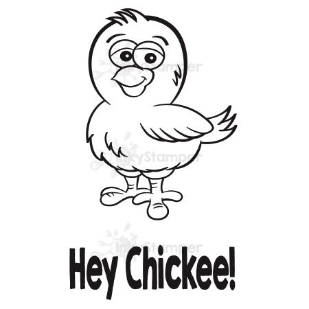 InkyStamper stamp Cartoon chicken with 'Hey Chickee!' text on a white background