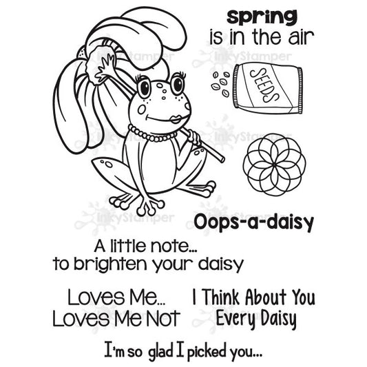 InkyStamper stamp Clear stamp set with a frog, daisy, and text on a white background