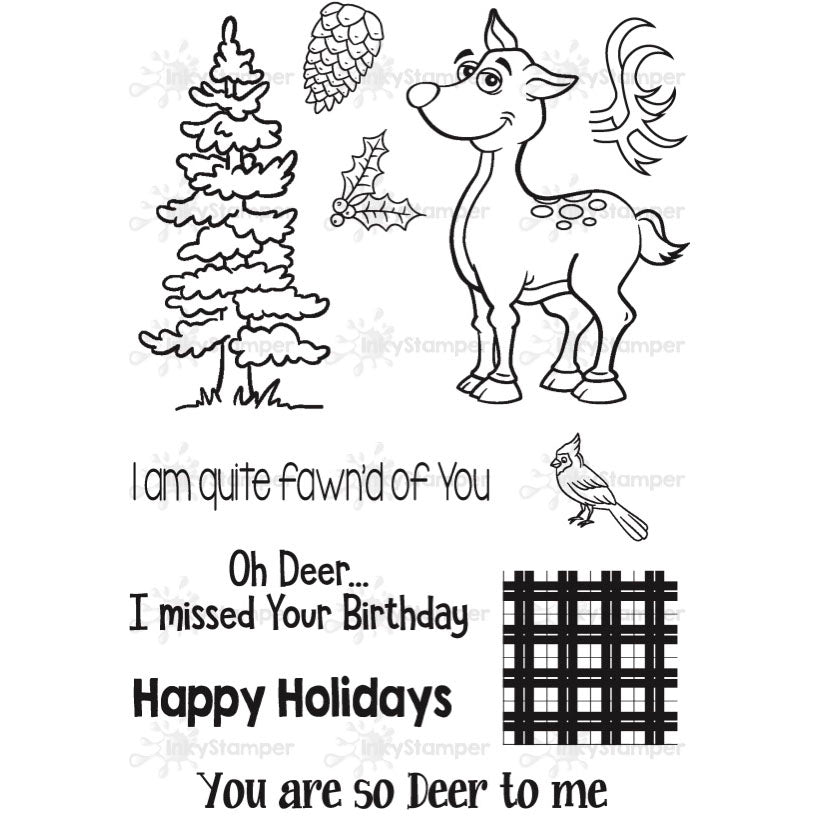 Set of clear stamps with a deer, tree, and text on a white background