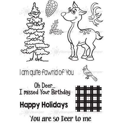 Set of clear stamps with a deer, tree, and text on a white background