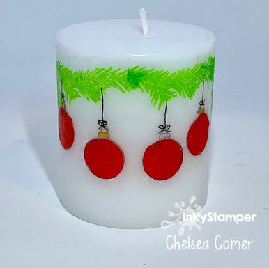 candle decorating using Christmas Bauble stamp set by InkyStamper