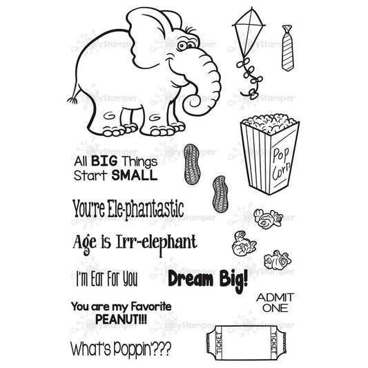 Inkystamper Clear stamp set with various elements including an elephant, popcorn, peanuts, and text phrases on a white background.