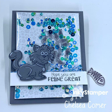 fun shaker card with inkyshrink fish embellishments using Cat stamps by InkyStamper