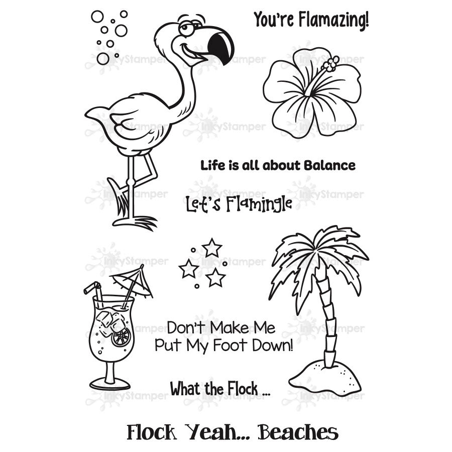Set of black and white illustrations with flamingo, palm tree, cocktail, and text on a white background stamp