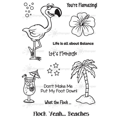 Set of black and white illustrations with flamingo, palm tree, cocktail, and text on a white background stamp