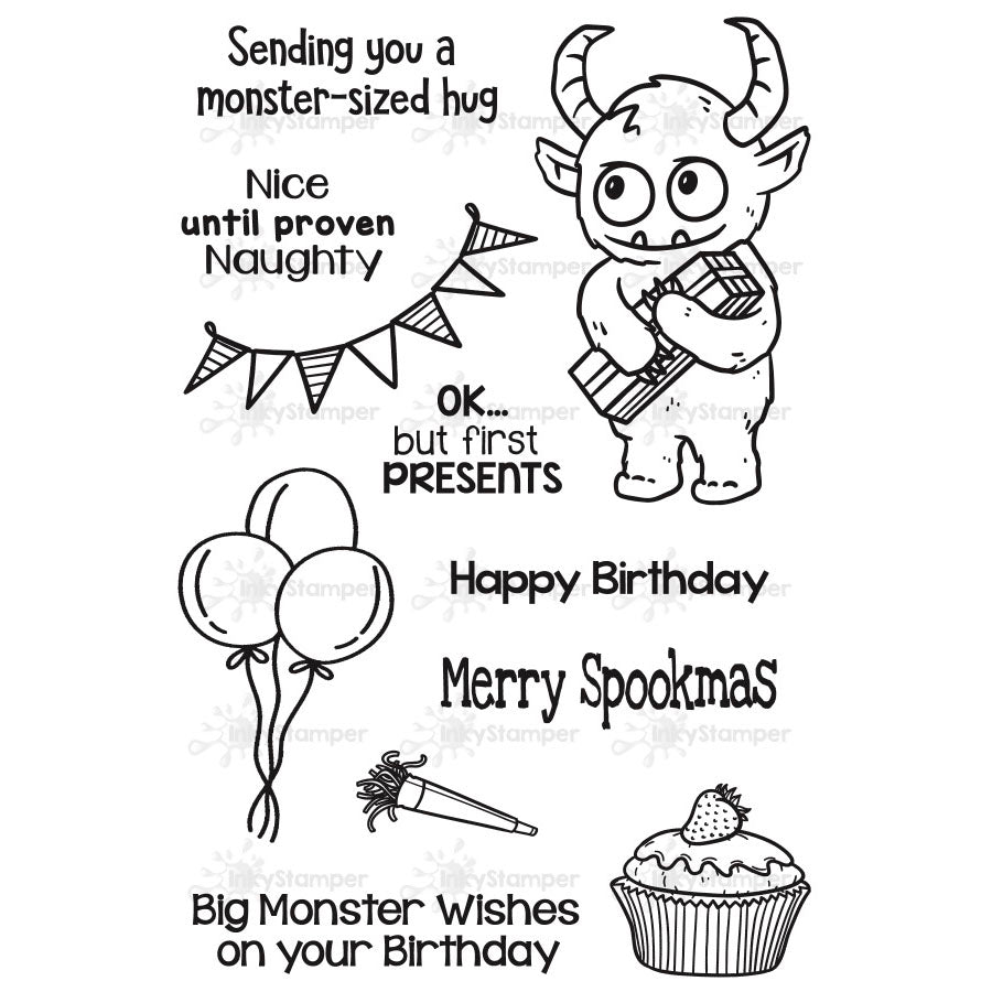 InkyStamper Stamp Black and white illustration of a monster with birthday-themed text and graphics on a white background.