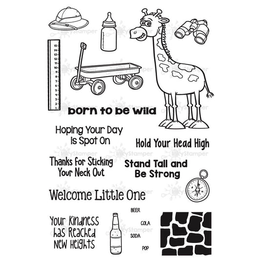 InkyStamper stamp Set of black and white illustrations and text with a giraffe, bottle, and other elements on a white background.