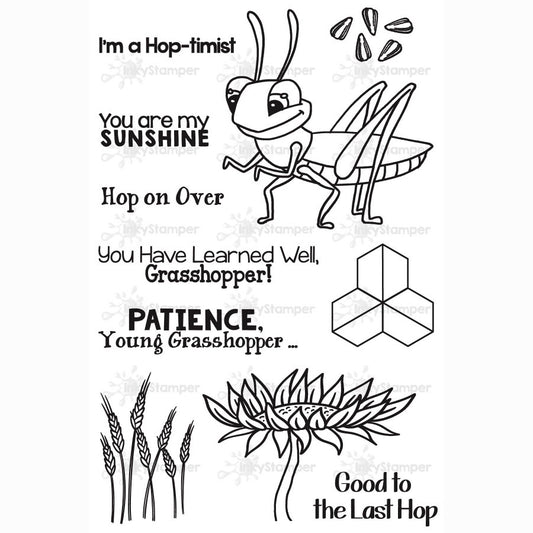 InkyStamper stamp Black and white illustration of a grasshopper with text and nature elements on a white background