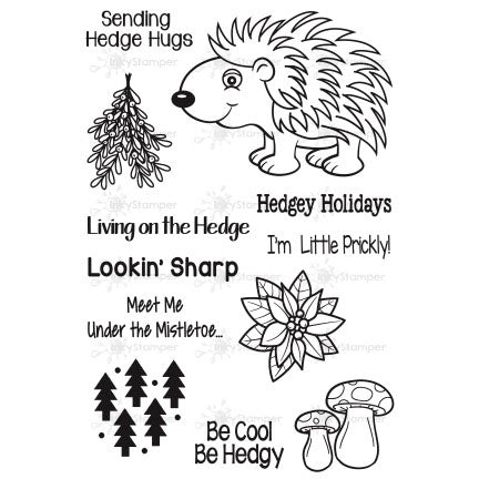 InkyStamper stamp Set of black and white illustrations with hedgehog, trees, and text on a white background