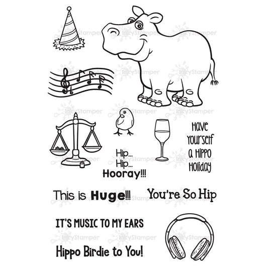 InkyStamper stamp Set of black and white illustrations with text and a hippo character on a white background