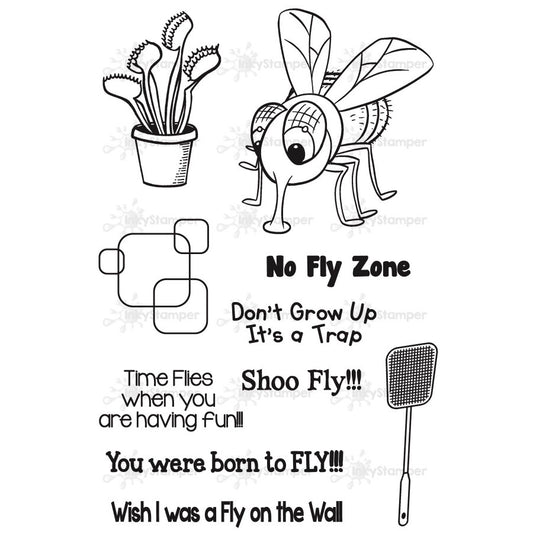 InkyStamper stamp set Cartoon fly, potted plant, and fly swatter with humorous text on a white background house fly