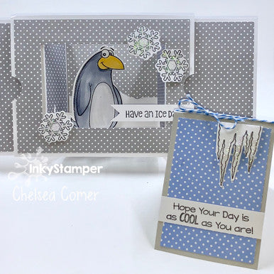 OOAK Penguin Theater Box Card featuring InkyStamper Penguin