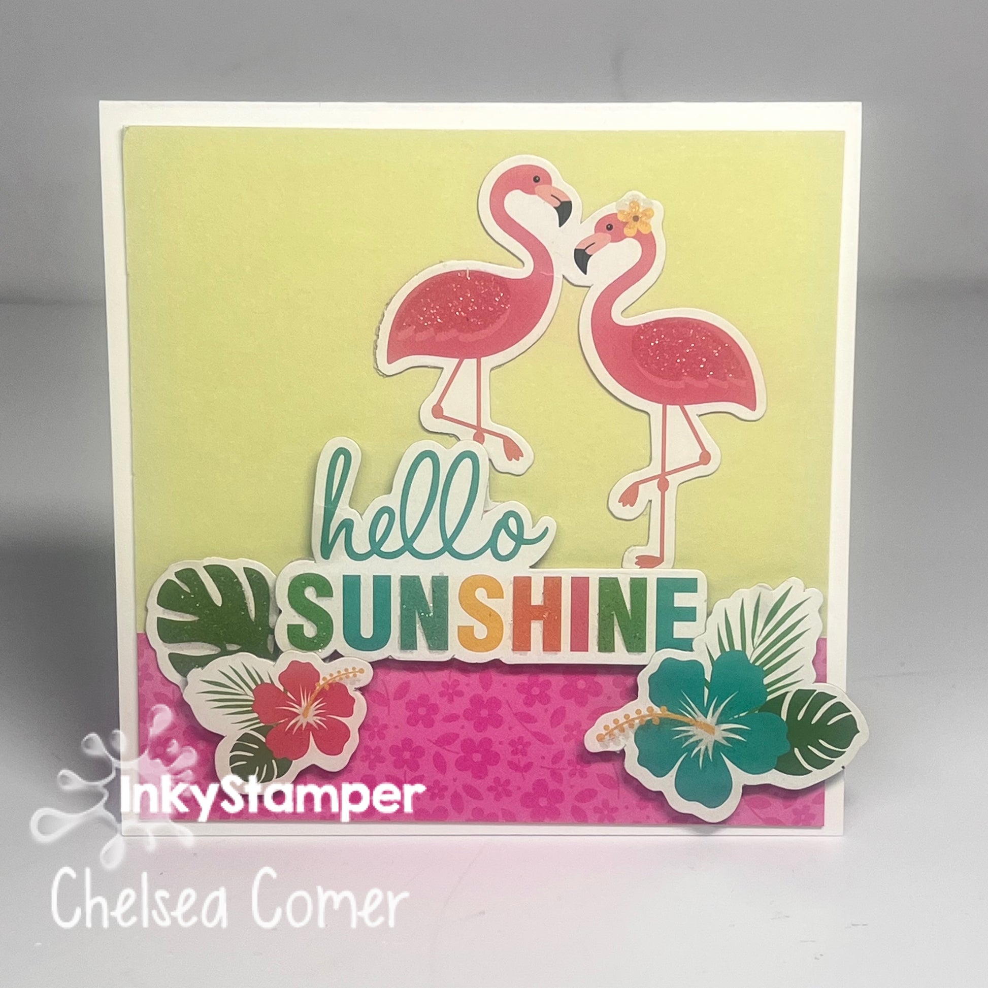 Card with Sushine and Flamingos.  Part of InkyStamper SMC Saturday Morning Crafting