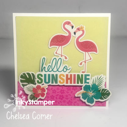 Card with Sushine and Flamingos.  Part of InkyStamper SMC Saturday Morning Crafting