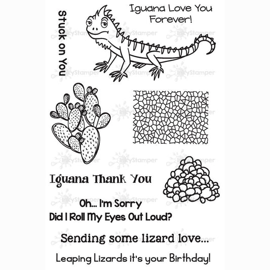 InkyStamper stamp Set of clear stamps with an iguana, cactus, and text on a white background