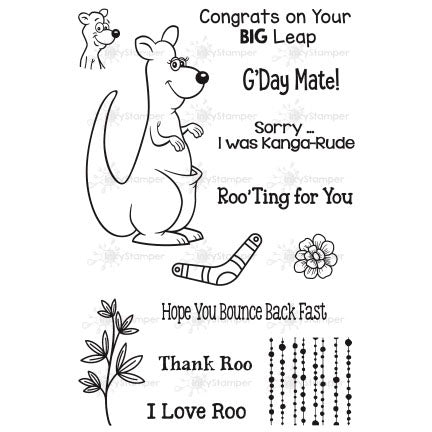 InkyStamper stamp set Cartoon kangaroo with text and floral elements on a white background