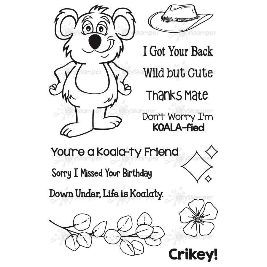 InkyStamper stamp Black and white illustration of a koala with humorous text and phrases.