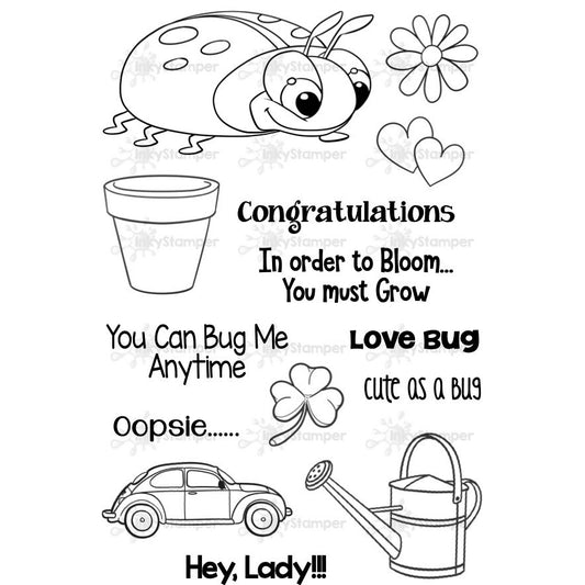 InkyStamper stamp Set of black line art illustrations with text on a white background Ladybug