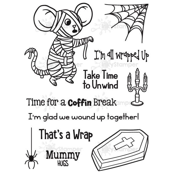InkyStamper stamp Halloween-themed rubber stamp set with a mummy mouse, coffin, spider, and text.