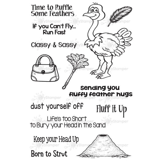 Cartoon ostrich with humorous text and objects on a white background stamp
