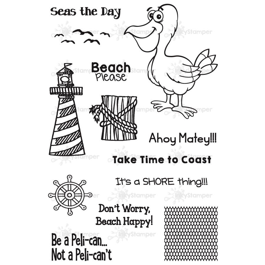 InkyStamper stamp Set of black and white beach-themed stamps with a pelican, lighthouse, and text.