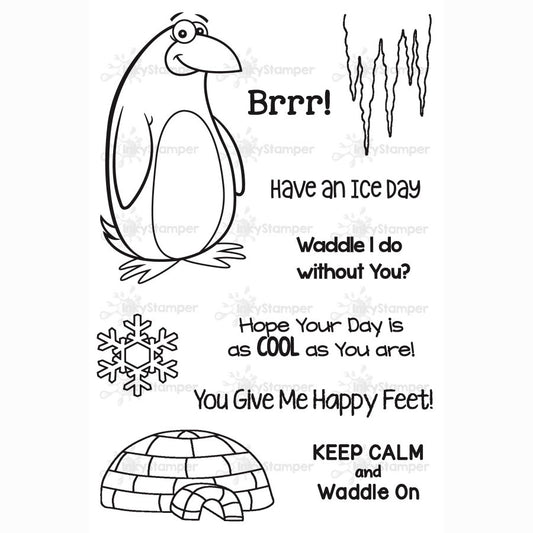 InkyStamper stamp Clear stamp set with a penguin, snowflake, and igloo design on a white background.