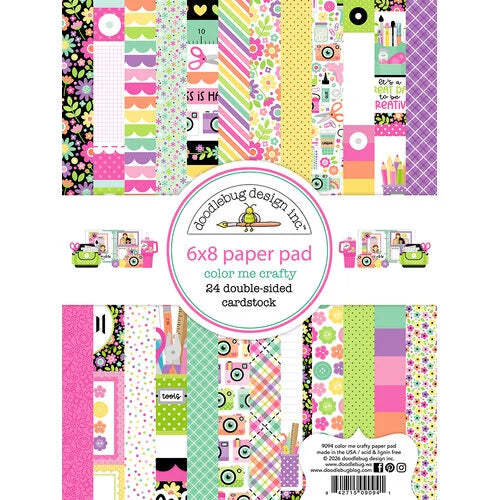 Colorful 6x8 paper pad with various patterns and designs on a white background. color me crafty