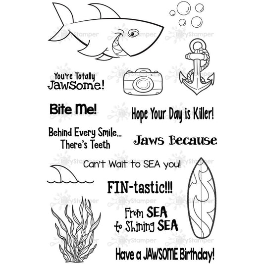 Set of black and white illustrations with text and ocean-themed elements on a white background stamps