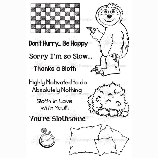 InkyStamper stamp Cartoon sloth with humorous text and symbols on a white background